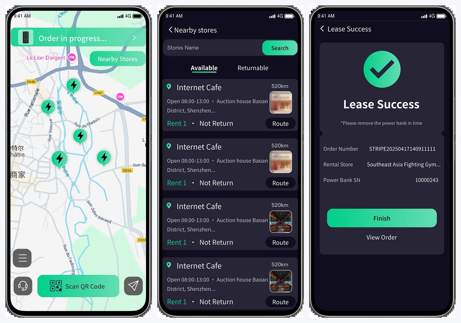 Power bank sharing software user app: scan to rent, nearby locations and rental success