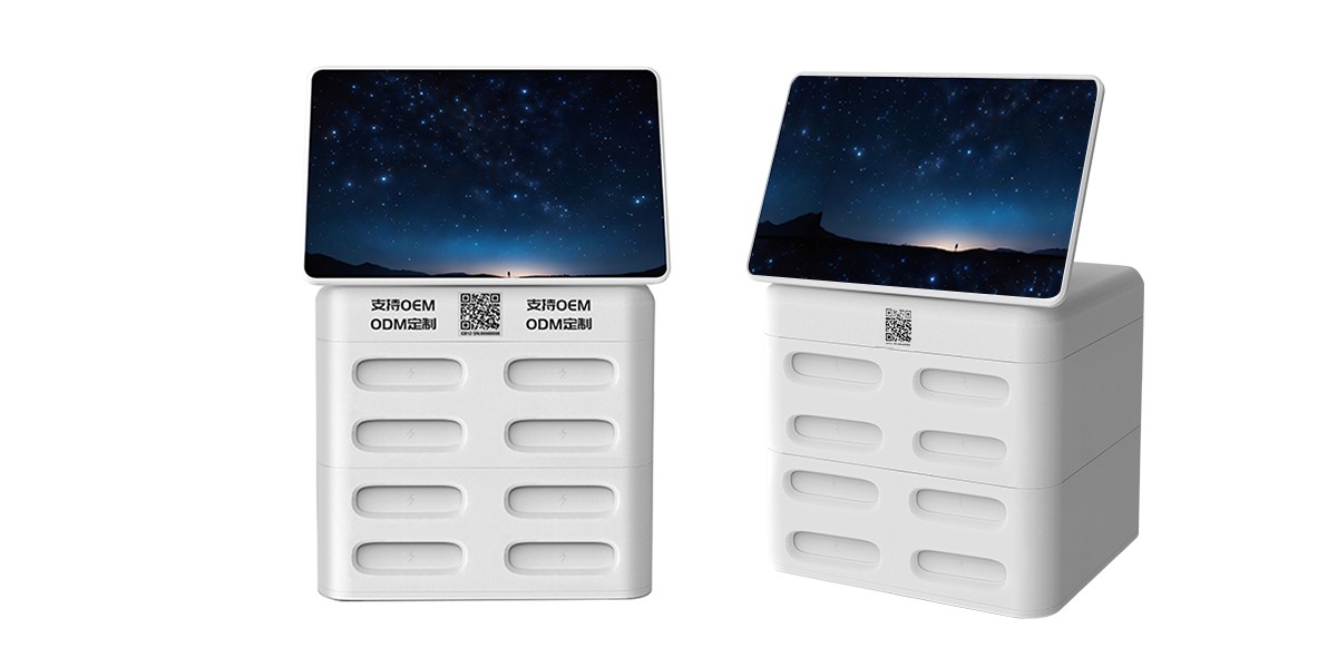 8-Slot Power Bank Sharing Station with Screen - dual angle Dual-angle view of the 8-slot power bank sharing station with rooftop advertising screen
